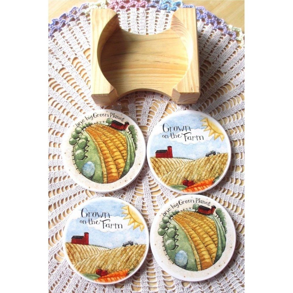 4 Cypress Stone Coasters GROWN ON THE FARM Holder